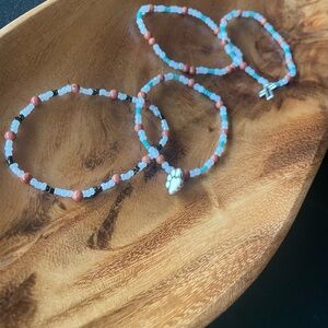 Beaded Paw Charm Bracelet Set - Blue & Coral